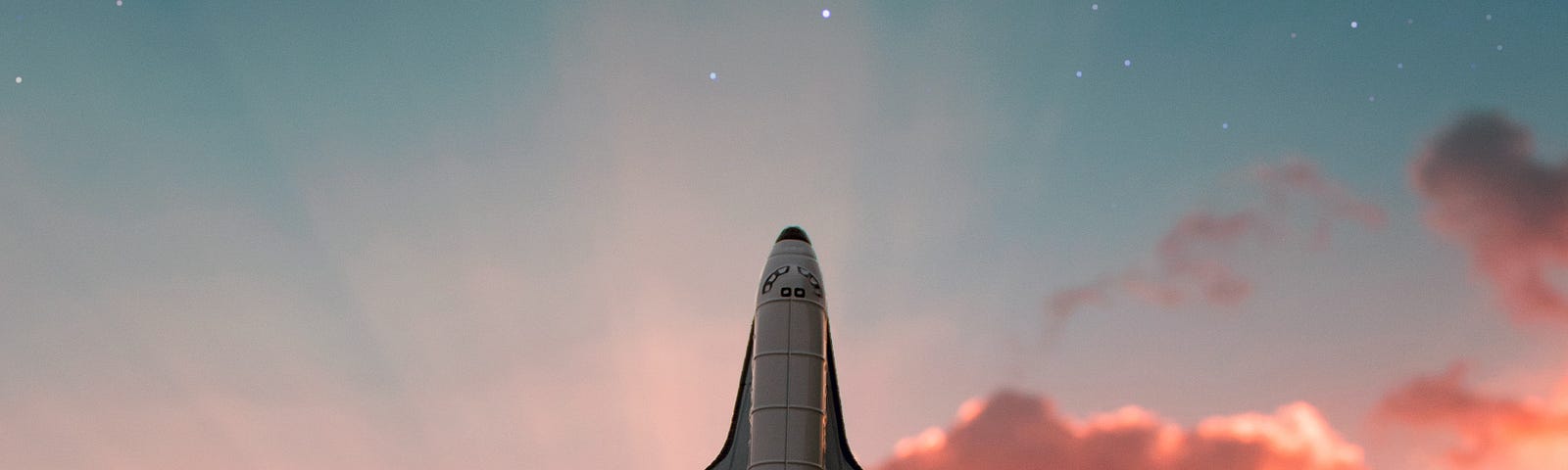 A space shuttle taking off against a pink sky
