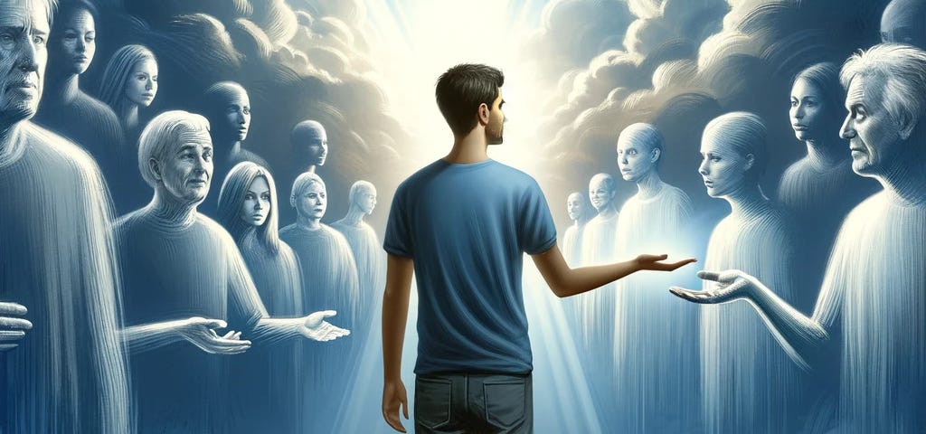Emotional illustration of a compassionate person under a vast sky, extending help among skeptical silhouettes, symbolizing the misunderstood kindness in a visually compelling scene.