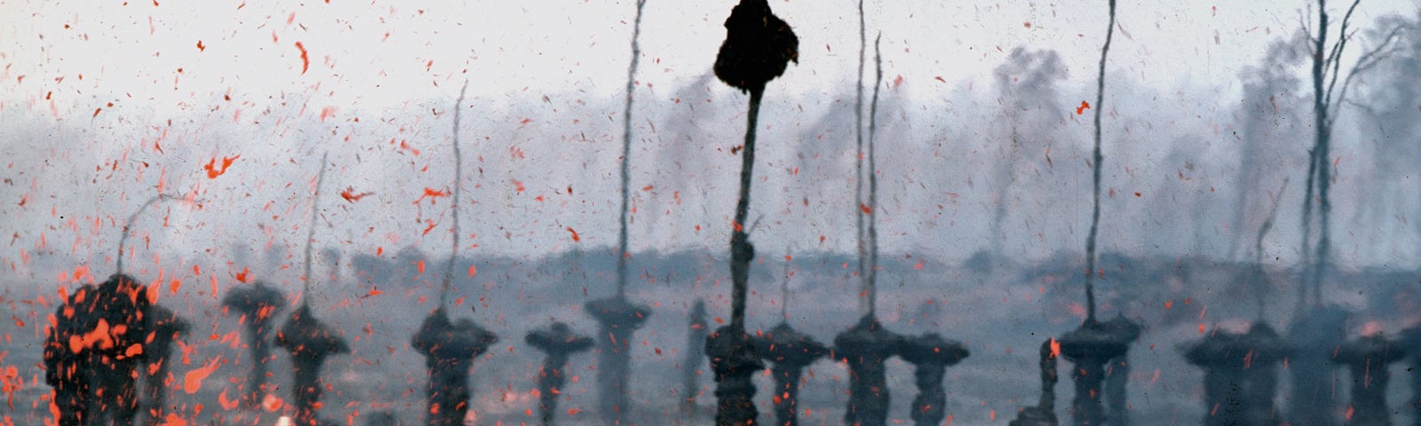 the aftermath of fire leaves burnt stalks on pedestals with sparks flying in the wind