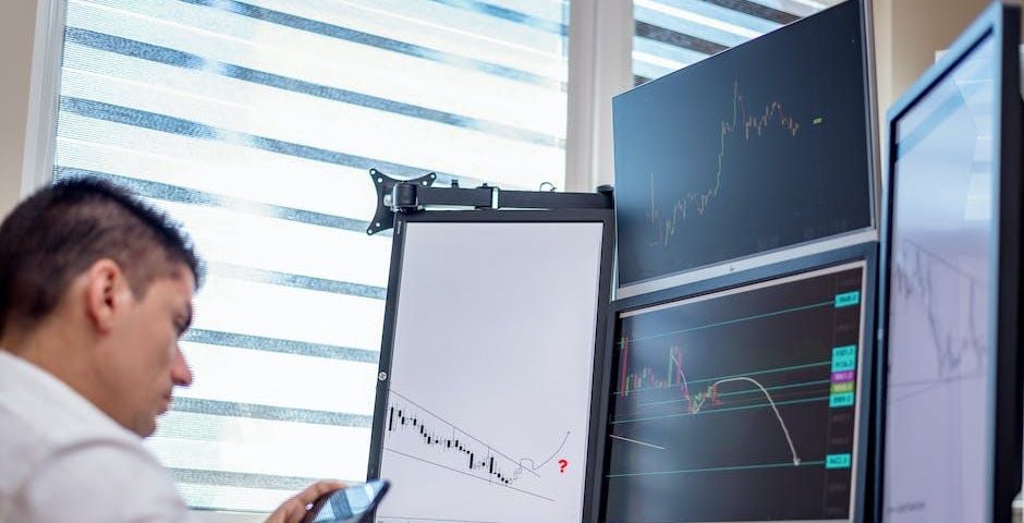 Image illustrating a person analyzing charts and graphs with various technical indicators for technical analysis of business risk management