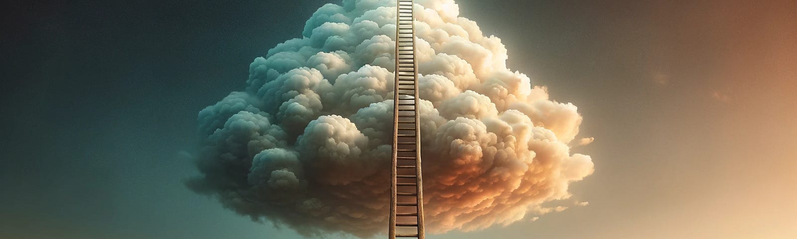 ChatGPT & DALL-E generated panoramic image of a ladder extending upwards into the sky, leading to nowhere amidst the clouds.