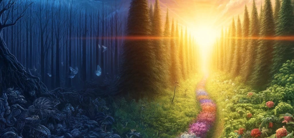 A high-definition environmental art illustration capturing the transition from darkness to light, symbolizing the journey of overcoming fears and embracing hope. This detailed artwork features a path from a shadowy forest to a bright sunrise, surrounded by diverse, blooming flowers, representing personal growth and freedom.