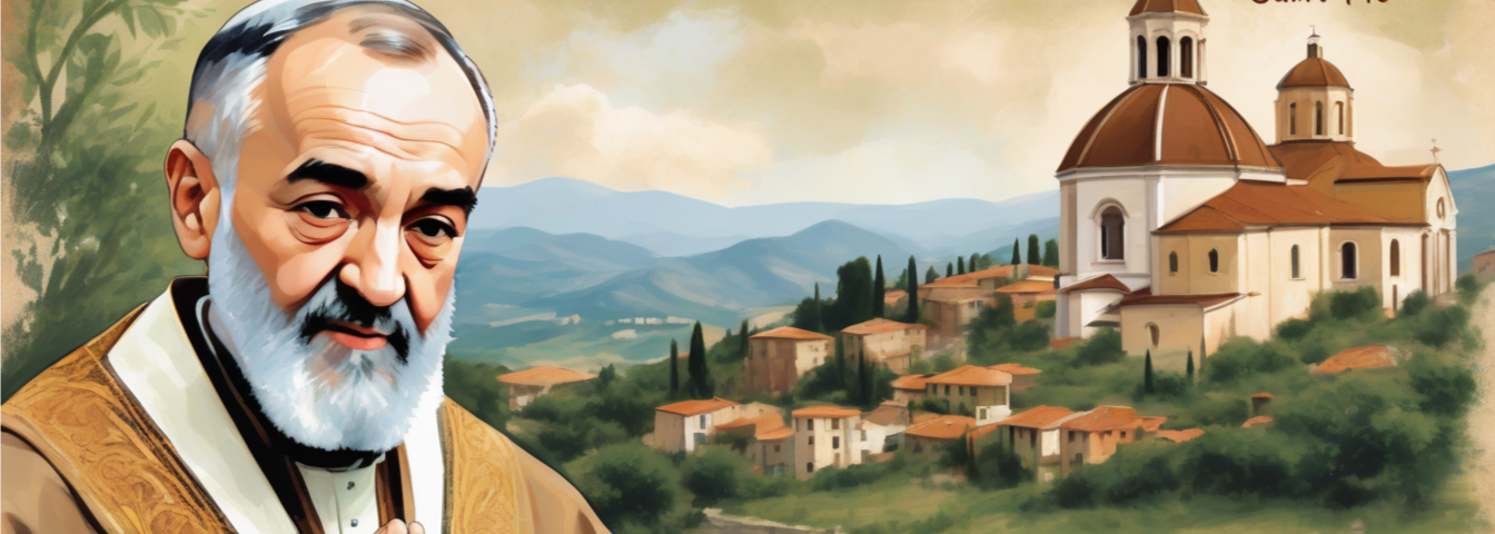 Saint Padre Pio overlooking Pietrelcina, Italy - Image created by Ai