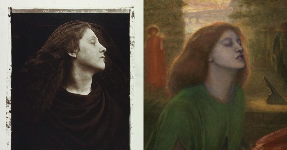 (L) ‘Call, I Follow, I Follow, Let Me Die!’. Julia Margaret Cameron. (R) ‘Beata Beatrix’. Dante Gabriel Rossetti.