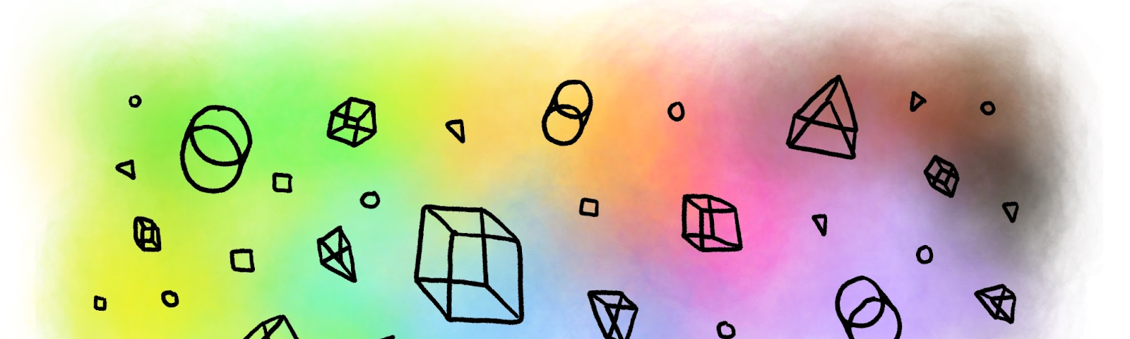 Illustration of circles, triangles and squares over a blended rainbow of colors.