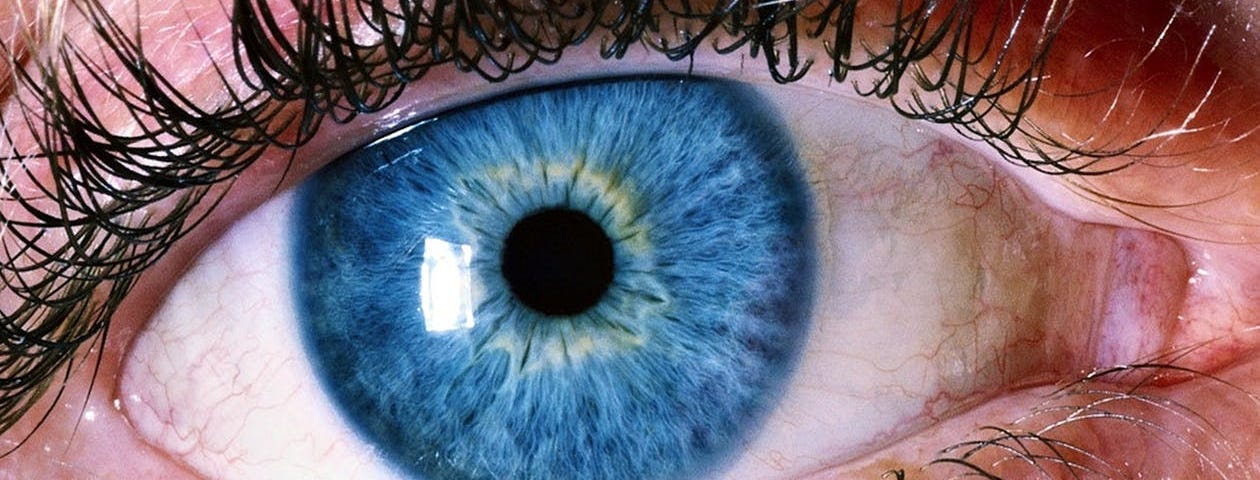 Close up of a very blue human eye, showing only the eyelashes above and below, but the blue iris is the focal point of this picture