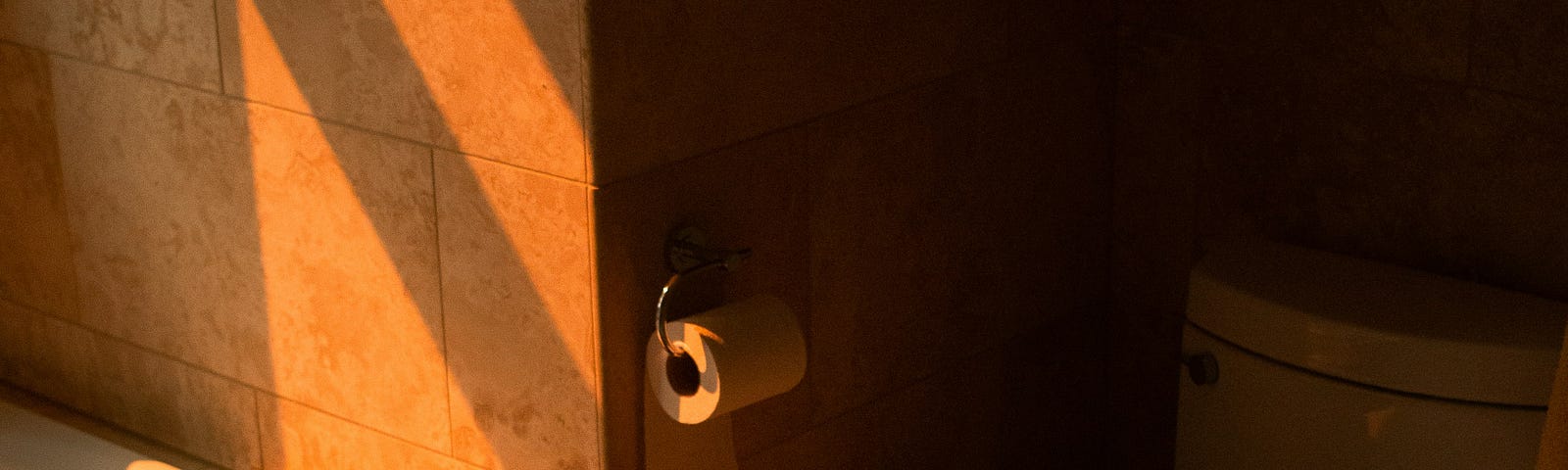 Here is a photo of a bathroom with the toilet prominent in the image, the morning light casting a soft shadow, creating a peaceful, quiet, contemplative setting.