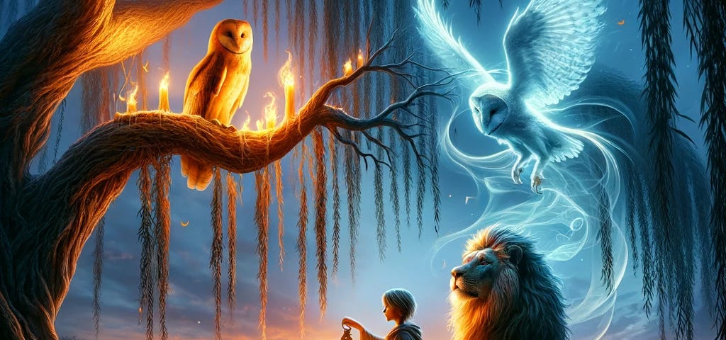 Ethereal owl and lion guide person under willow tree at dusk, symbolizing legacy and wisdom passed through generations, with glowing lantern illuminating the path of life