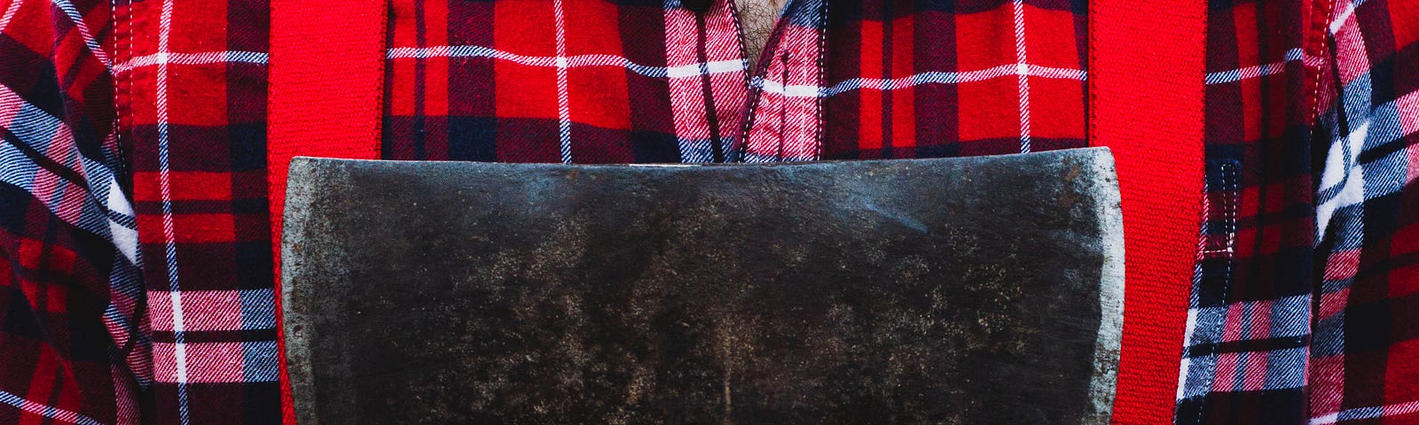A manly man holding a manly axe before his chest. He’s wearing a flannel shirt, resembling the traditional image of an old lumberjack. His face is cut off, but we do see a thick and glorious beard.