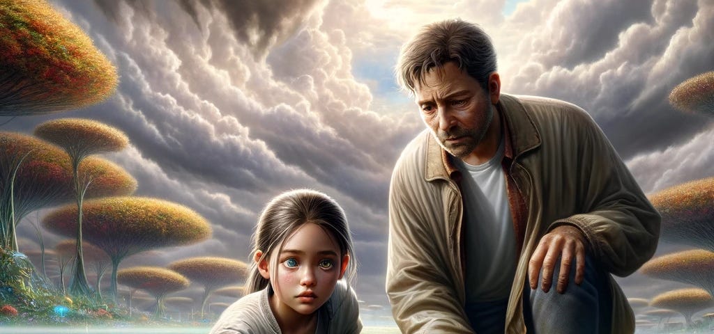 Father and daughter explore a vibrant, synthetic landscape, sparking wonder and questions about life and technology.
