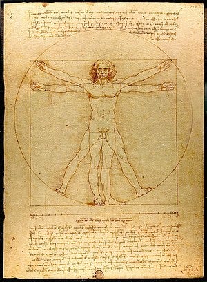 Leonardo da Vinci’s drawing of The Vitruvian Man who fits almost into a circle and a square.