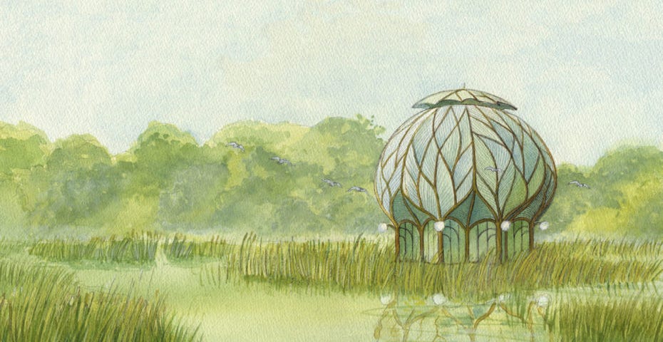 A painting of a rounded, organic looking house set in a quiet marshy landscape, with a forest visible in the background. There is a slight mist on the landscape, the kind that makes you think fondly of the early morning rather than anything sinister. The house looks as though seven cherry trees have been grown together to form its core structure, with a glass-like substance set between the branches, creating a house with a bulbous, mushroom like upper storey.