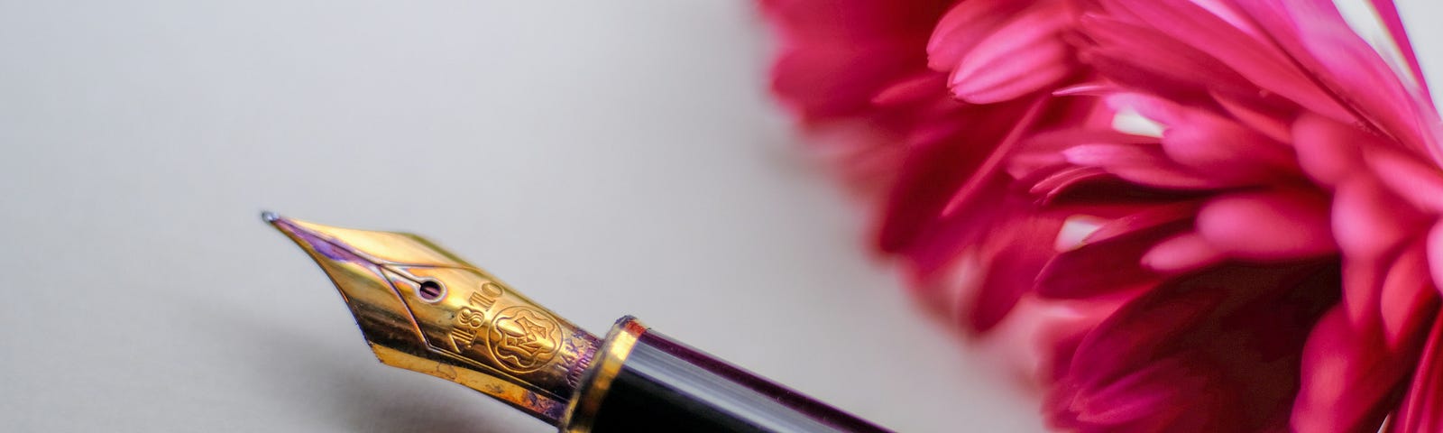 A pink quill pen sits next to two pink flowers.