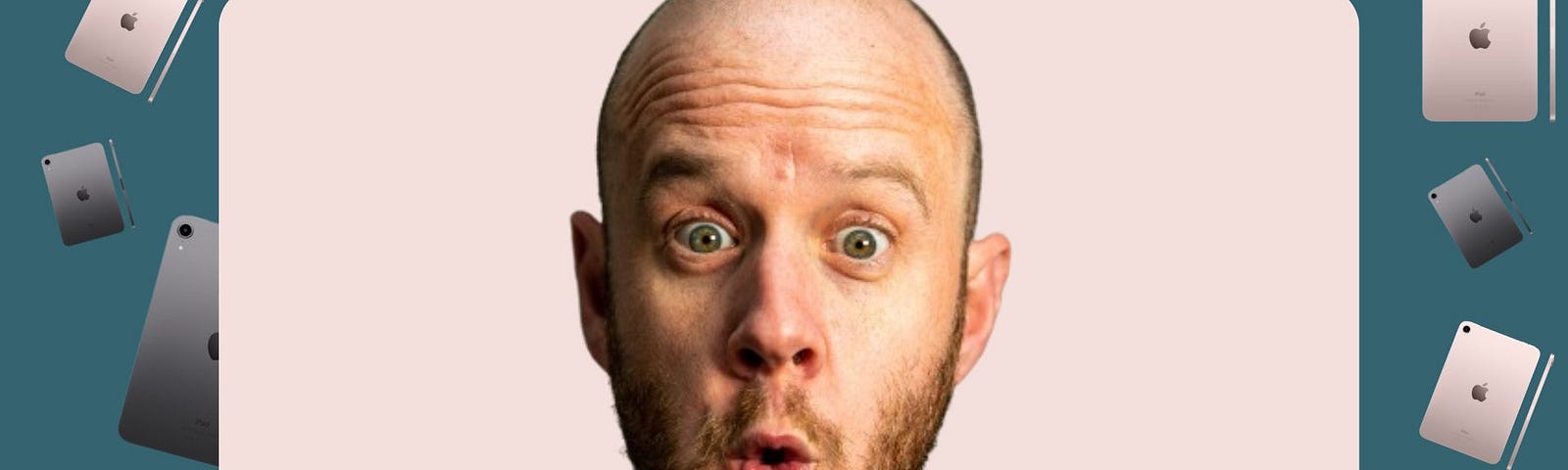 A blue background with an array of differently sized iPad mini 6’s in grey and pink, scattered. A pink square centre with Mark Ellis in the middle dawning a surprised, shocked expression.