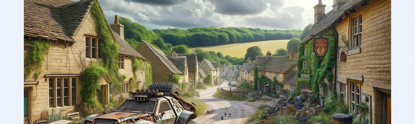 ChatGPT and DALL-E generated image of a post-apocalyptic car in an idyllic British village.