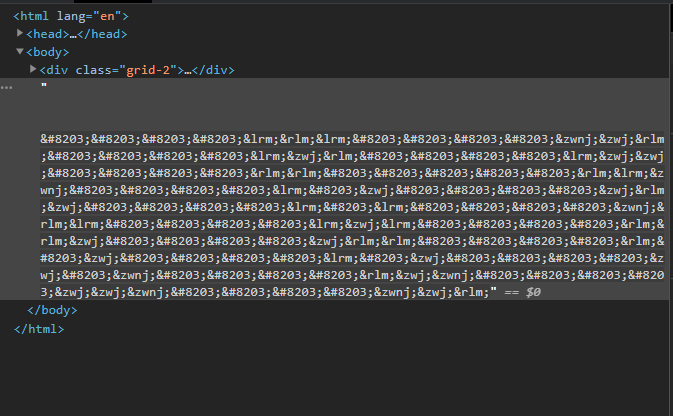 Screenshot of raw HTML from the webpage. It highlights over the zero width characters found in the code.