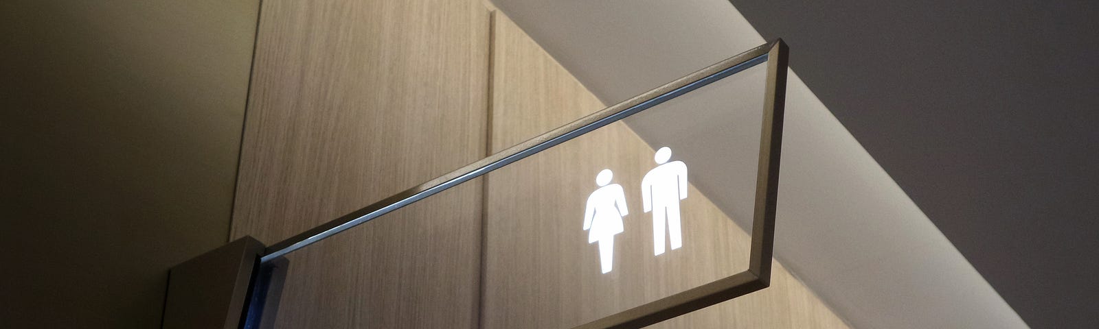 A sign for public toilets displaying a female silhouette and a male silhoette. Both silhouettes are lit up.