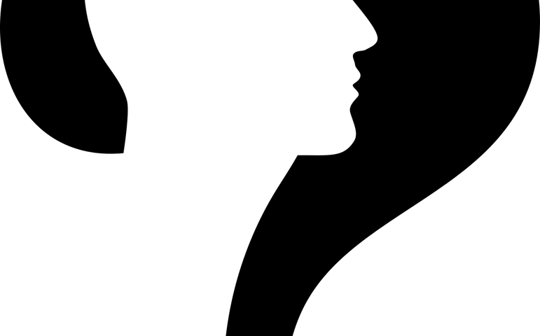 A black question mark with a white face and head superimposed.