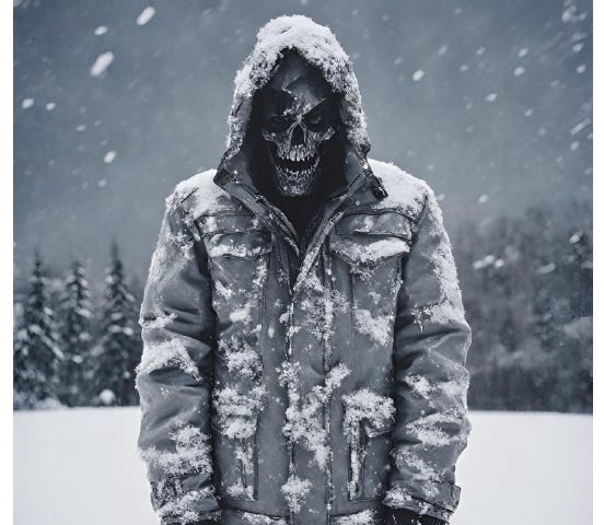 Skeleton wearing a jacket in the snow