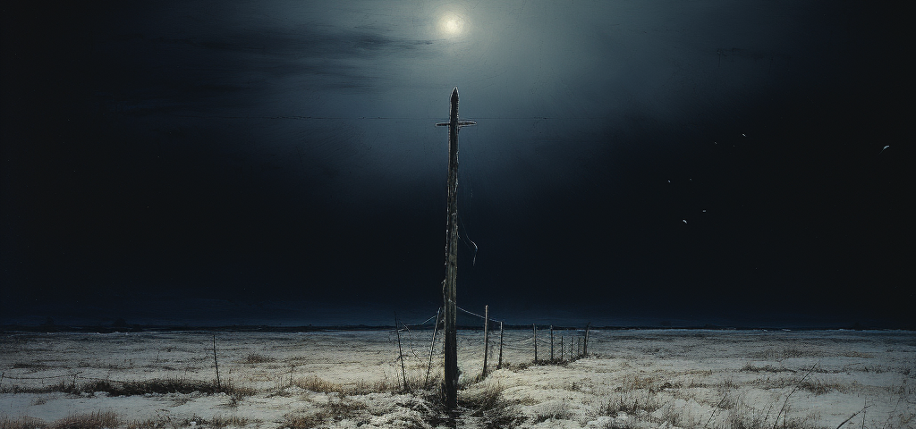 An image of ‘a useless wooden stake covered in snow… stuck loosely at a slant in the ground in a plowed field on the edge of a vast open plain on a dark winter night.’