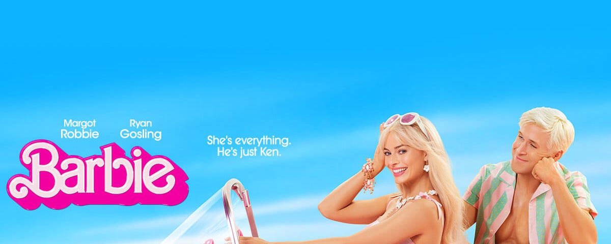 Marketing poster for the Barbie movie. In the image, it depicts actress Margot Robbie in a pink dress and sunglasses, driving a pink car. She’s smiling at the camera. Actor Ryan Gossling is featured sitting in the back of the car, looking lovingly at Barbie.