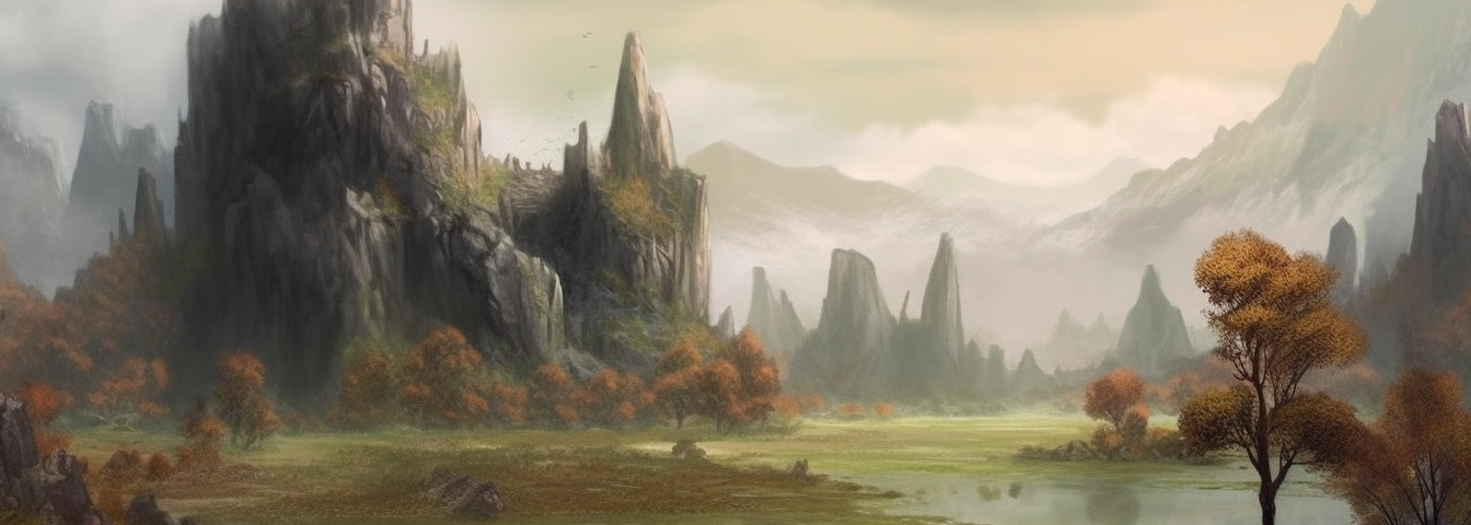 a vast rocky swamp, thin trees and cliffs to the side, landcape fantasy art