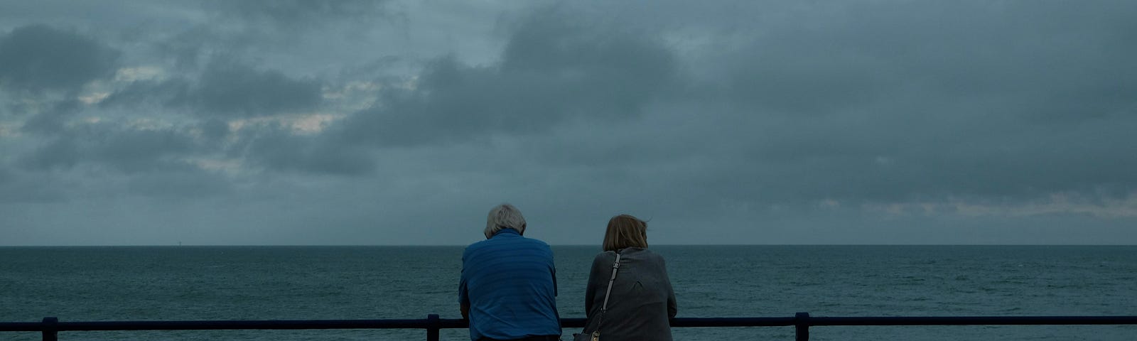 An elderly male and female standing at a fence and looking at the lake