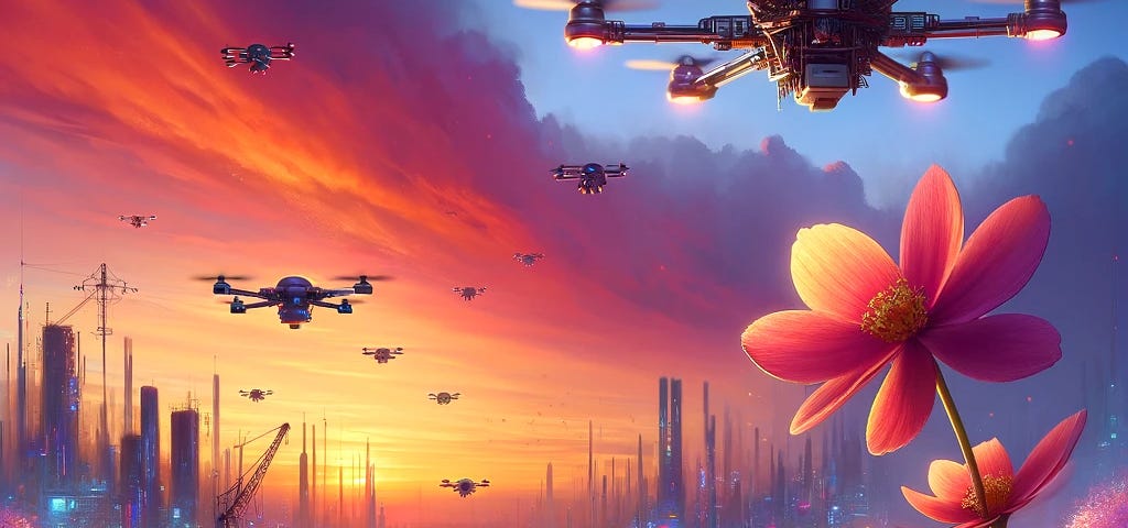 Mesmerizing scene of thumb-sized drones pollinating flowers at dusk with vibrant sky and futuristic city backdrop, blending tech with nature, sparking awe and reflection on progress.