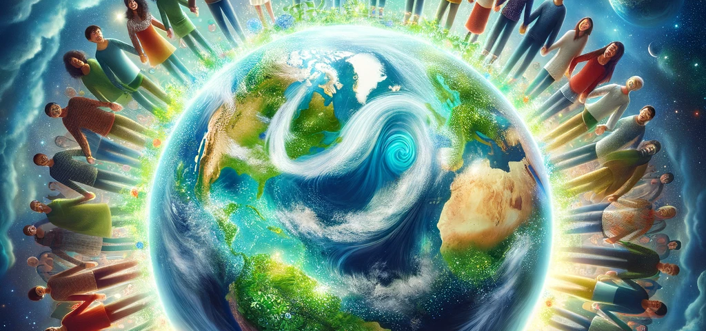 A vibrant illustration of diverse people holding hands around a flourishing Earth, radiating unity and love in the cosmos.