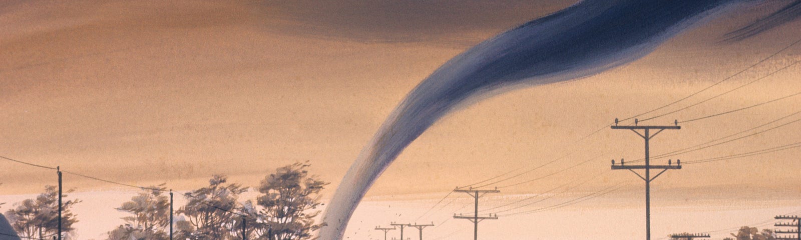 an image/painting of a tornado destroying buildings in a neighborhood