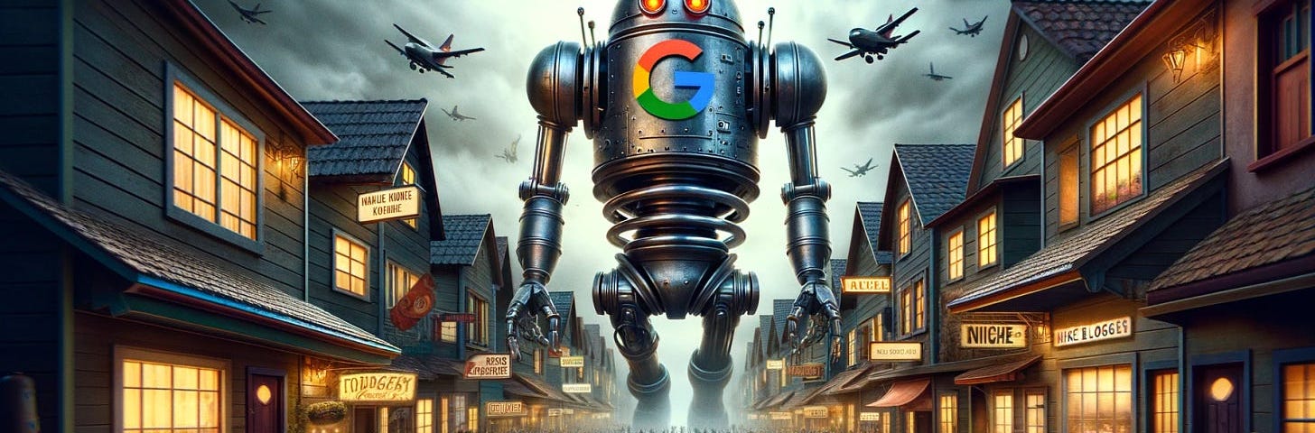 A giant robot Google attacking bloggers