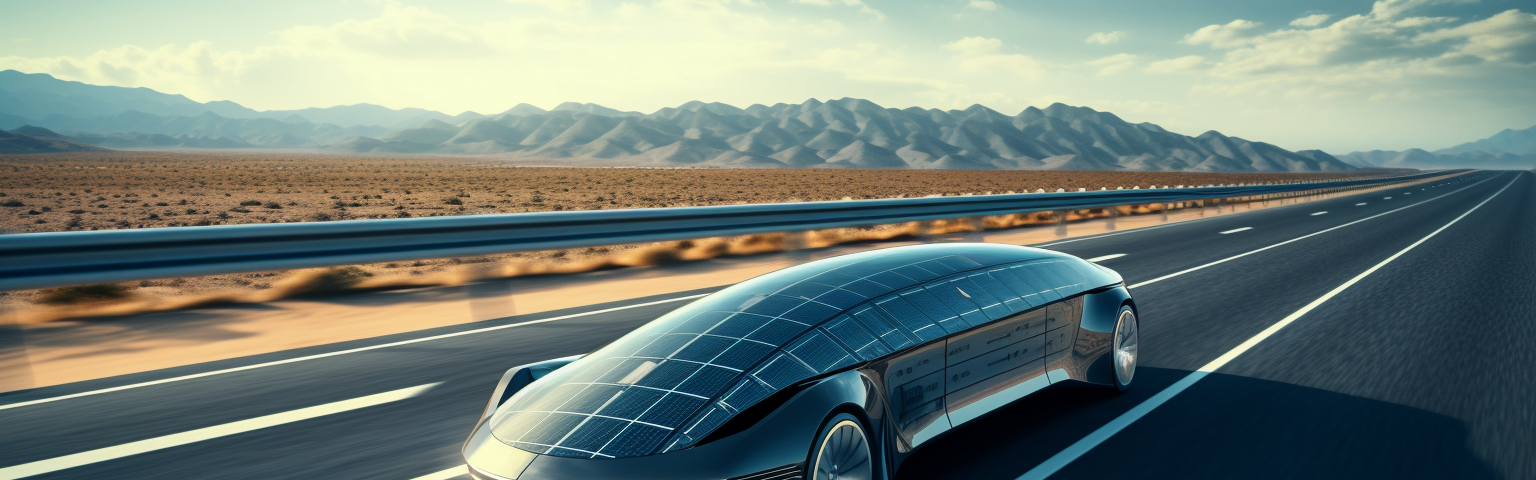 Midjourney generated image of a car covered completely with solar panels driving down a highway