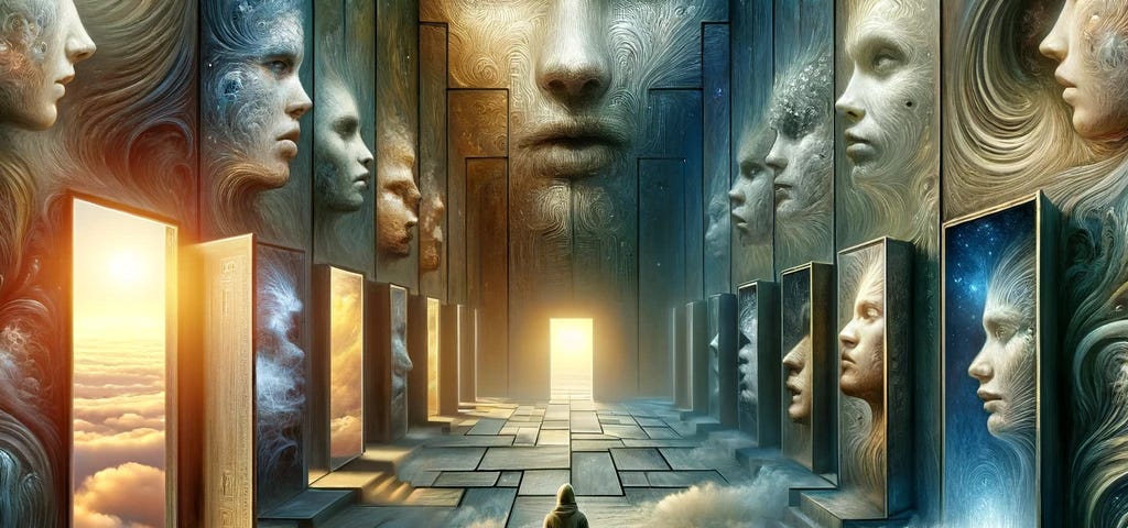 Explore the journey of self-discovery with this surreal art of a traveler among doorways to the mind, capturing the dance of light and shadow.