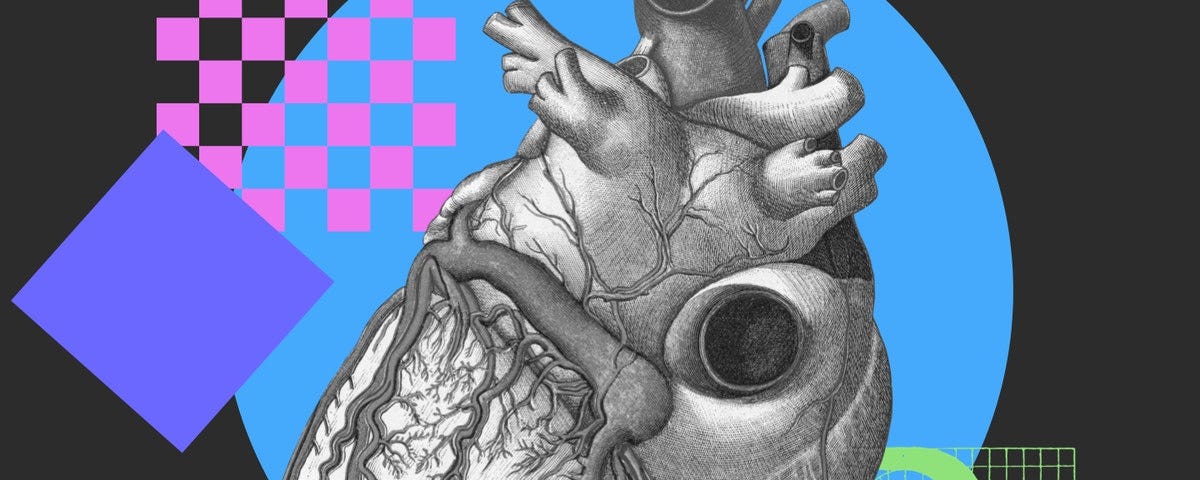A black-and-white medical illustration of a human heart is at the center of a collage, against a black background, consisting also of a purple square, a pink checkerboard pattern, a blue circle, and a green uppercase R in a calligraphic typeface.