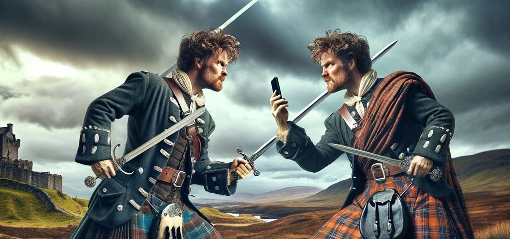 An illustration blending 1600s Scotland with modernity, showing two identical men: one with a sword in traditional attire, the other using a mobile phone, set against a rugged Scottish landscape.