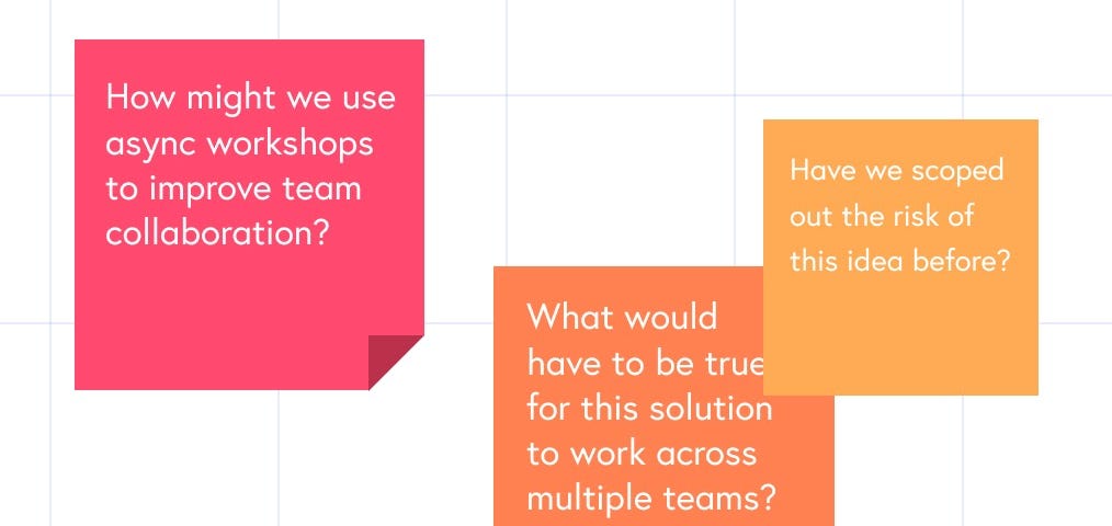 3 post-it notes with questions about async workshops: How might we use async workshops to improve team collaboration? What would have to be true for this solution to work across multiple teams? Have we scoped out the risk of this idea before?