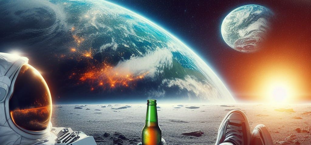 A Solitary Astronaut, watching the earth rising from the moon while enjoying a beer.