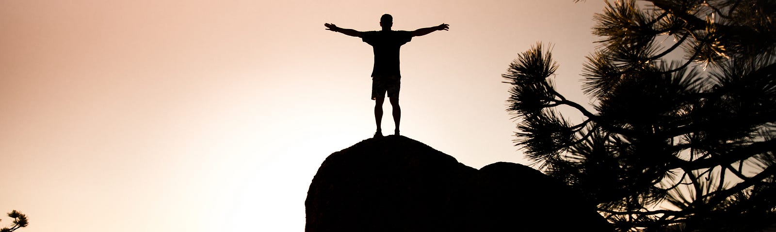 Silohuette of a person on a cliff with arms outstretched in freedom and joy