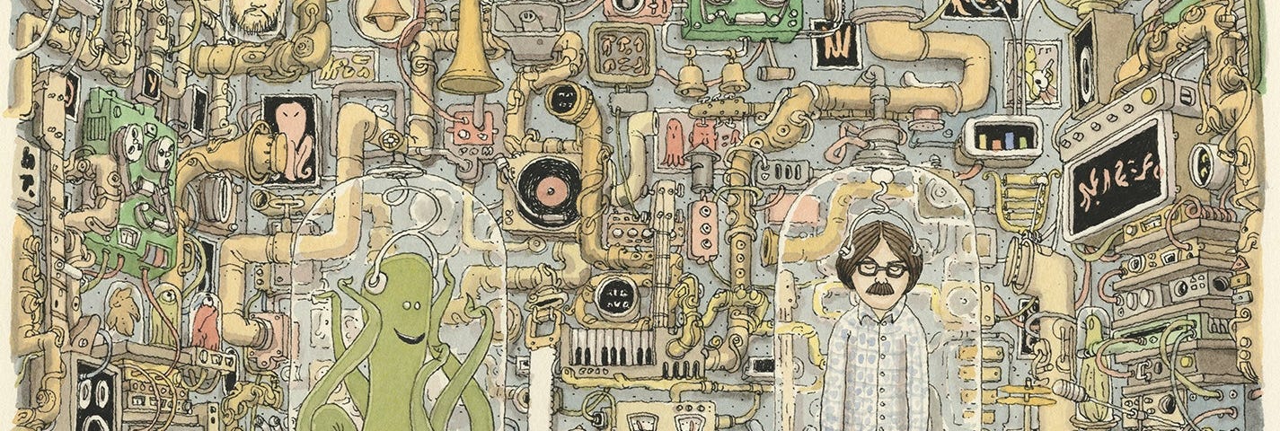 Weezer “OK Human” album cover; drawing of pipes, machinery, computers, and record players in the background, center-featuring a green octopus alien with headphones in a glass pod on the left and a human in a white button-up and headphones in a glass pod on the right