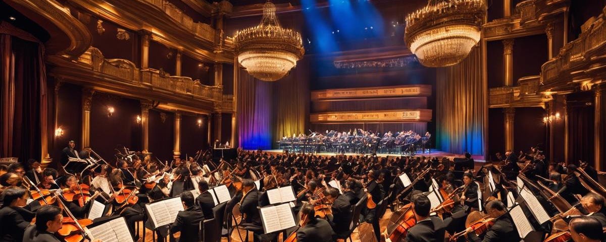 An image depicting a symphony orchestra performing with various musical instruments representing different aspects of commodity trading, symbolizing the importance of technical analysis in financial success.