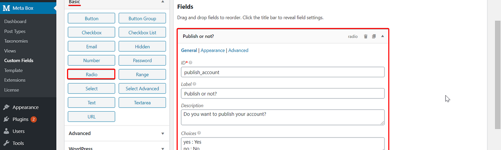 Create a new custom field for users to choose whether their account is private or public