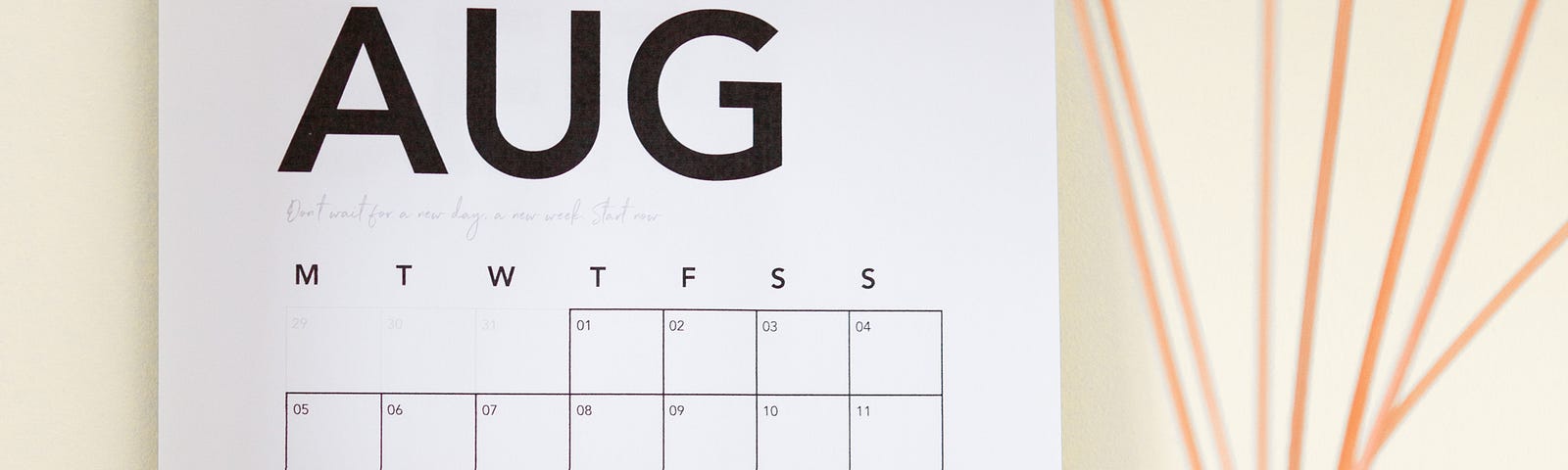 Blank calendar titled August with decorative element in front.