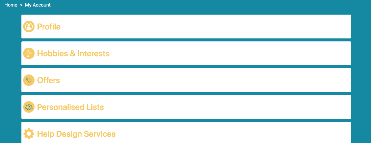 A user interface listing navigation options: ‘Profile’, ‘Hobbies and Interests’, ‘Offers’, ‘Personalised Links’ and ‘Help Design Services’