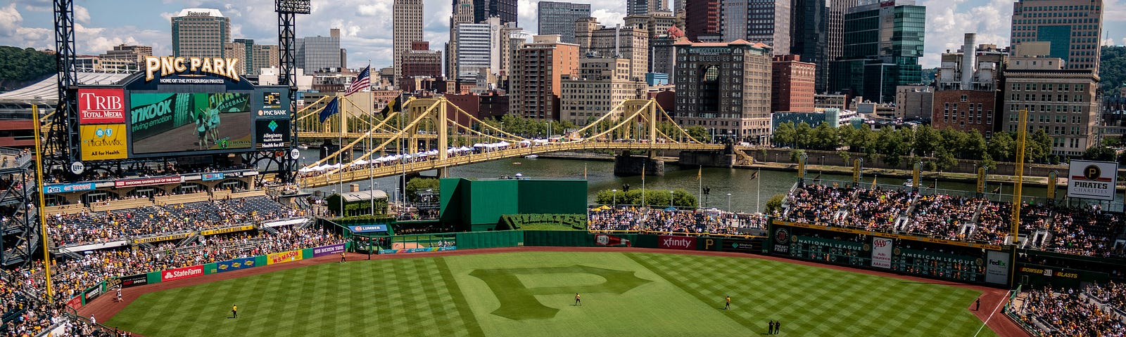 Photo of PNC Park and the Pittsburgh Skyline from high behind home plate.