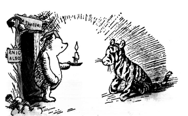 Picture from “The House at Pooh Corner” of Winnie-the-Pooh and Tigger. Winnie-the-Pooh holding a candle and Tigger sitting in the candle light. Tigger. Bounce. Bouncy. Readers.