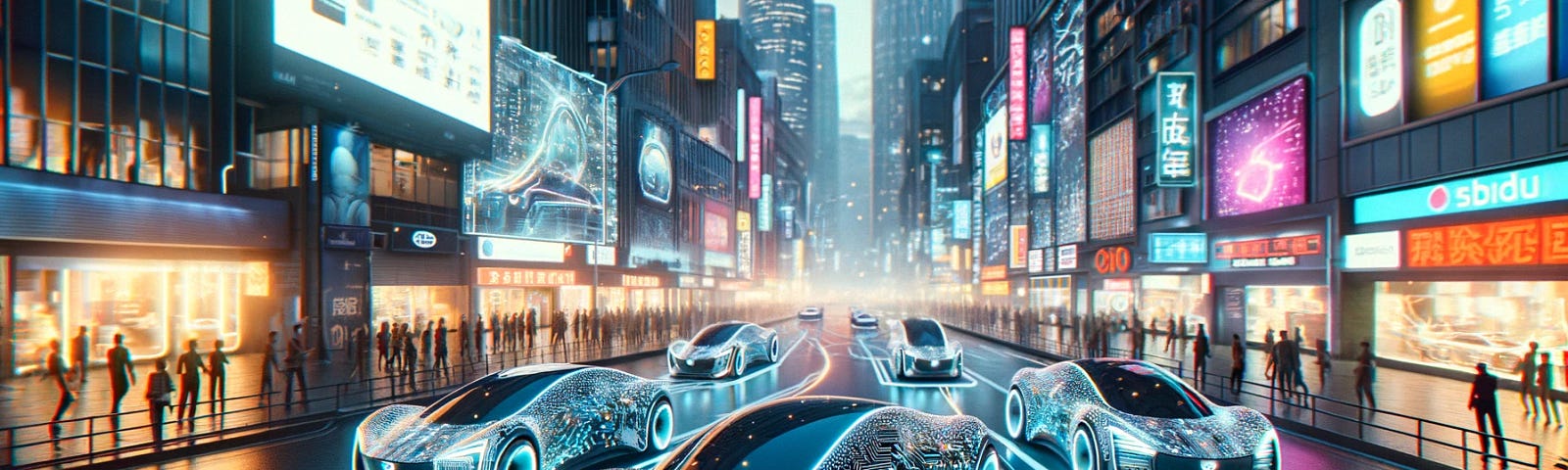 ChatGPT & DALL-E generated panoramic image of a city street filled with futuristic, sleek electric cars covered in glowing circuitry and emitting sparks, set in a vibrant, high-tech urban environment.