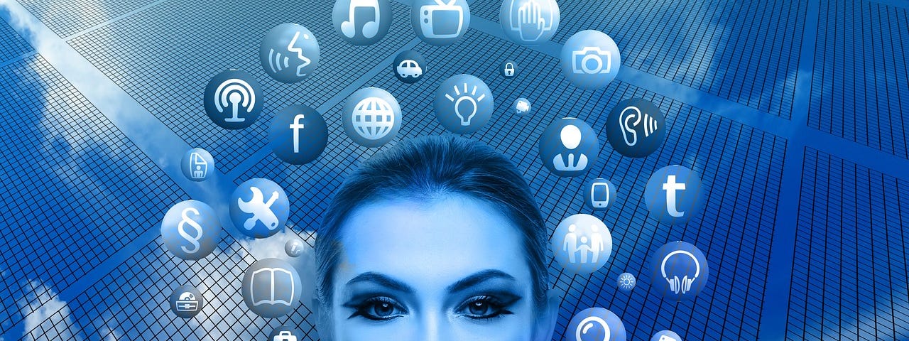 Image of a light-skinned young woman’s face with various icons surrounding her head, with a grid and blue sky with clouds behind her. She has a serious expression, makeup, and a hand reaching her cheek.