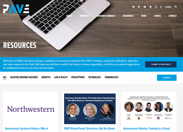 Screenshot of PAVE’s resource library home page on the website with colored images of different resources showing