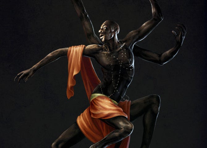 A black man wearing an orange robe. He has 4 arms and 4 legs.
