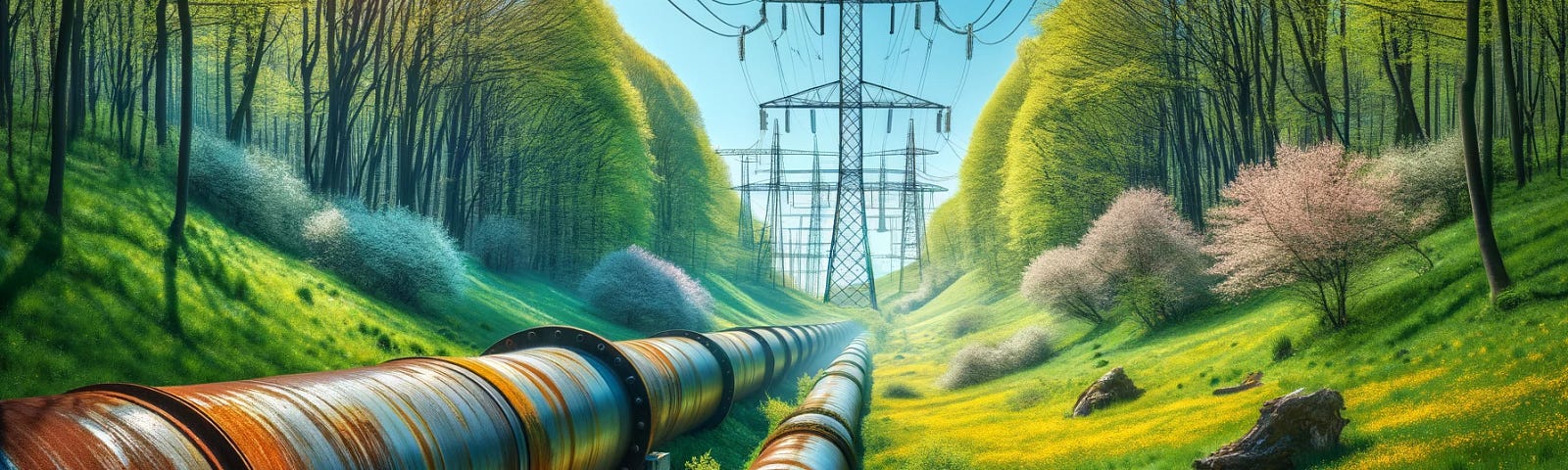 ChatGPT & DALL-E generated panoramic image of a rusting pipeline in a meadow with a humming HVDC transmission line overhead, set in the springtime.